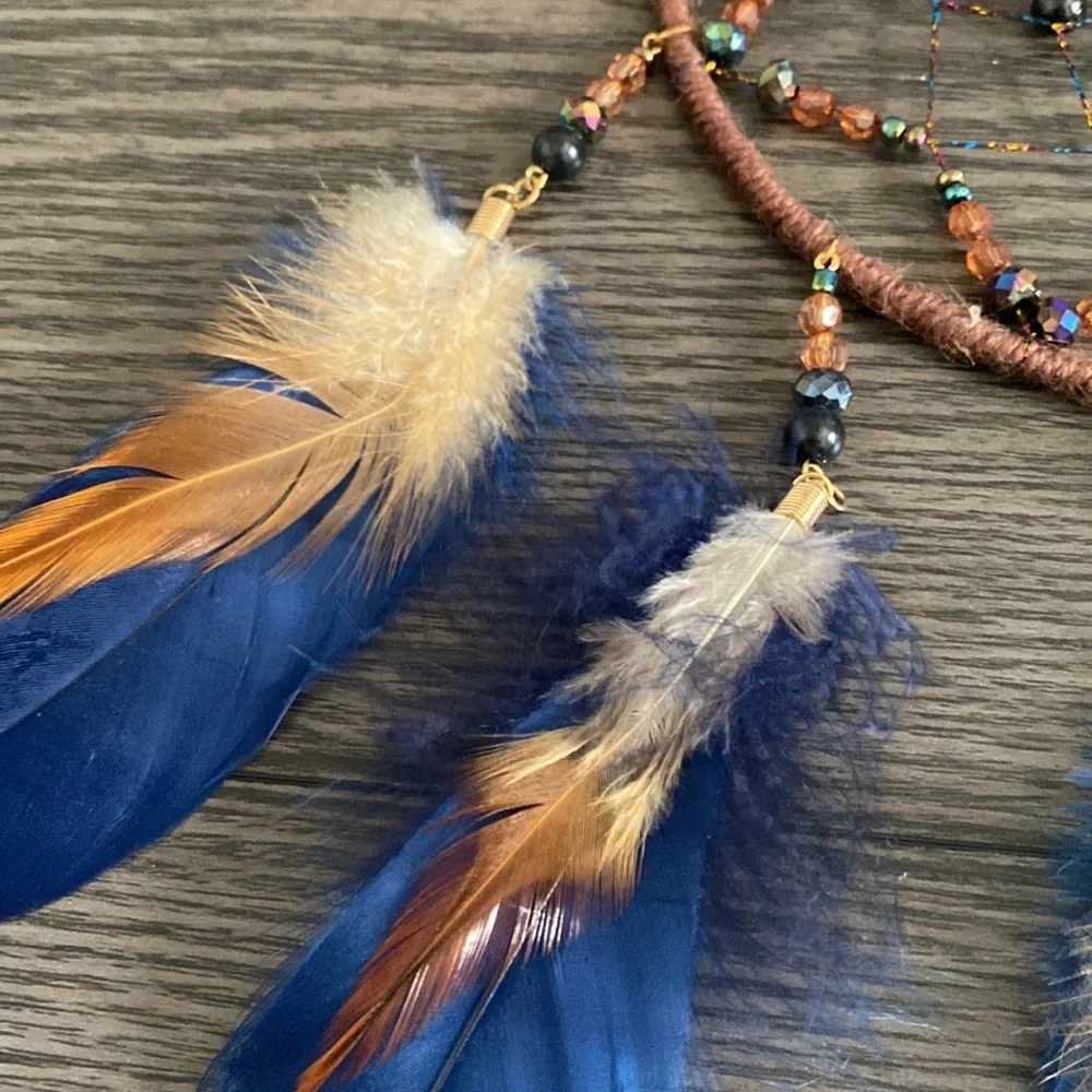 Dream catcher. Blue and tan feathers beaded. Beautiful!